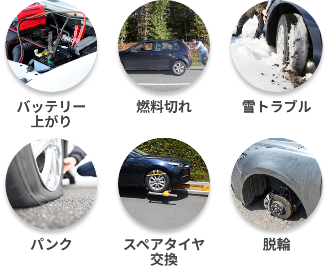 バッテリー上がり 燃料切れ 雪トラブル パンク スペアタイヤ交輪換 脱輪